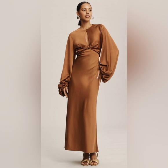 Anthropologie Burnt Orange Backless Long-Sleeve Satin Gown US 12 - Picture 3 of 7